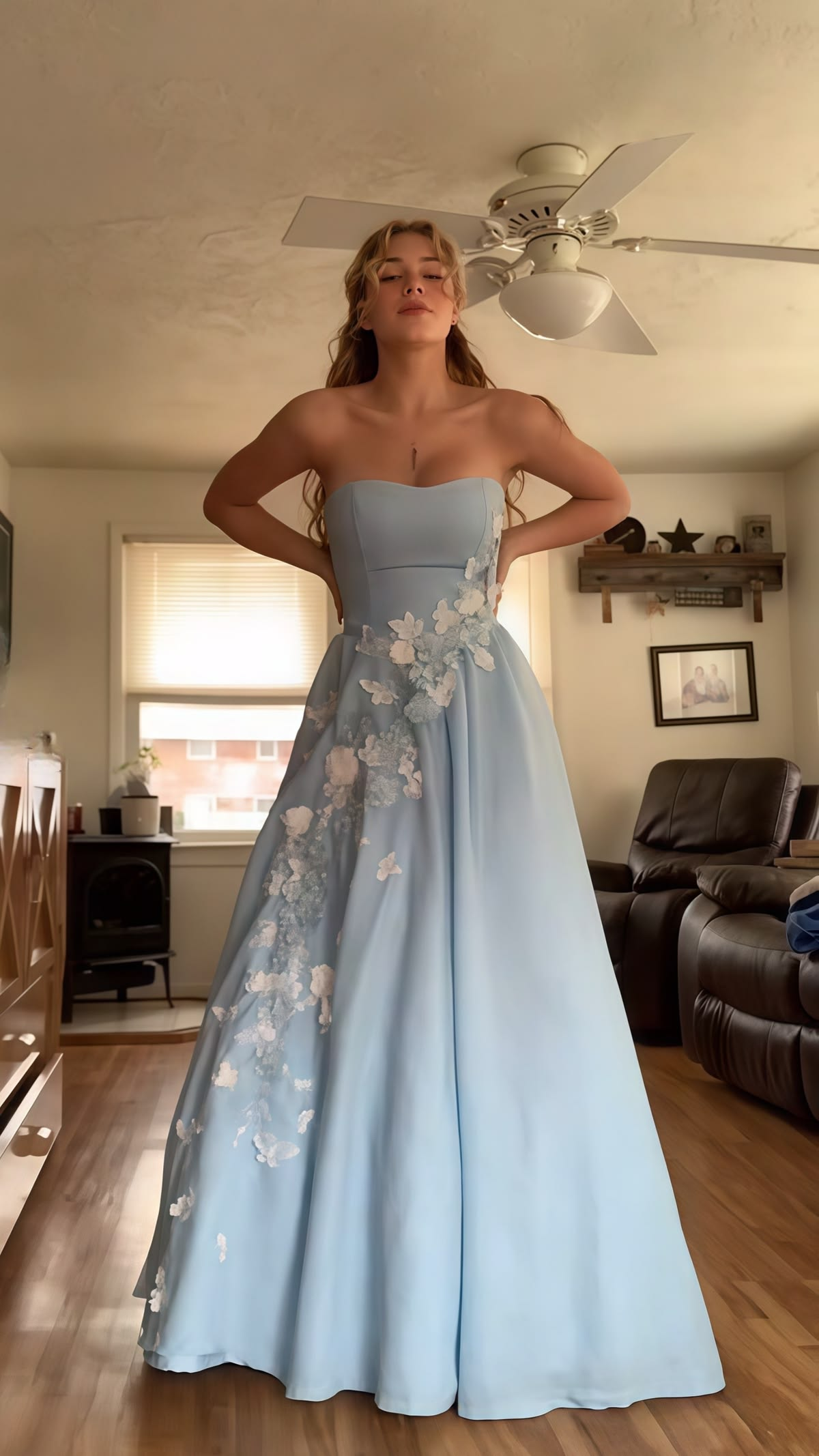 Pretty Strapless Blue Satin Appliques A Line Long Party Dress Birthday Prom Dress D4981