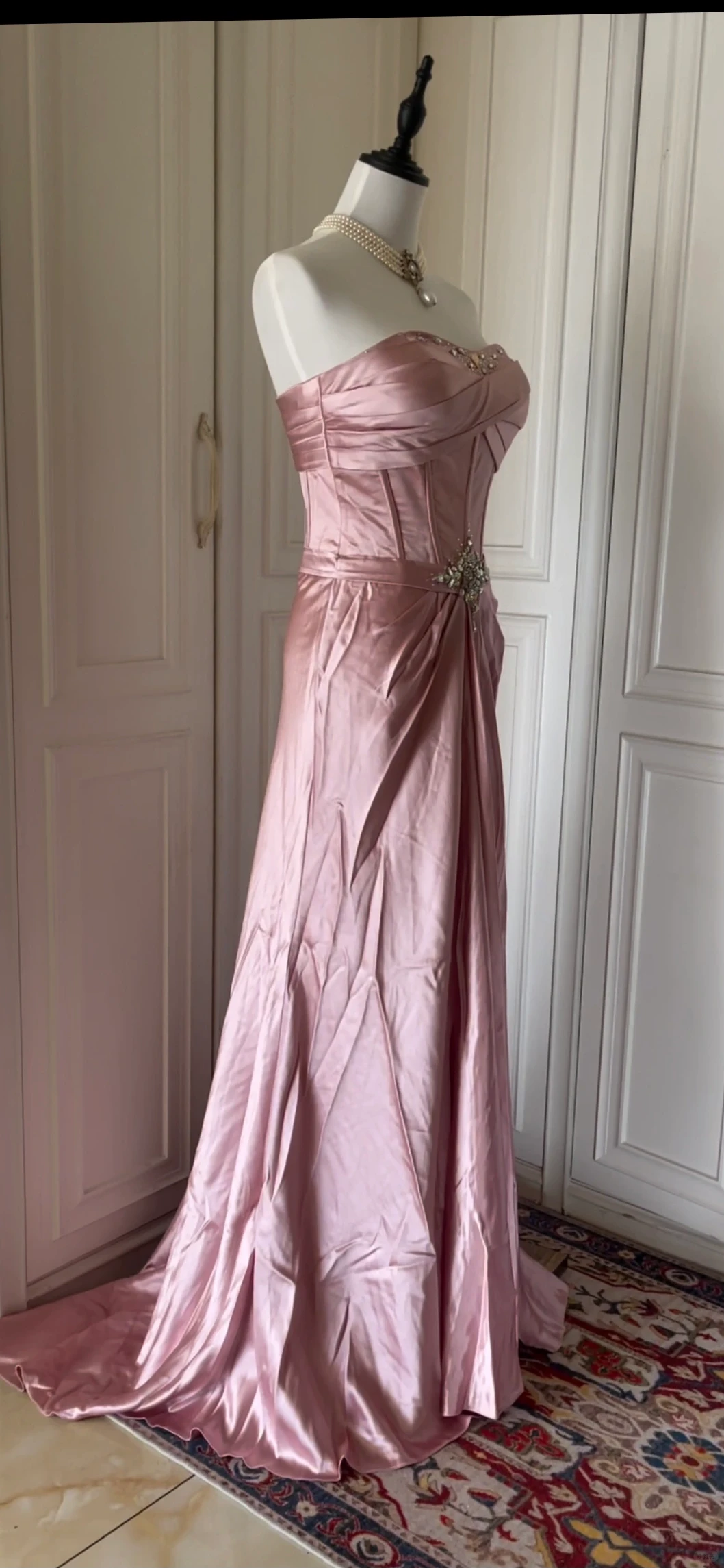 Fashion Strapless Satin Pleated Beaded Mermaid Party Gown,Pink Long Evening Dress D3109