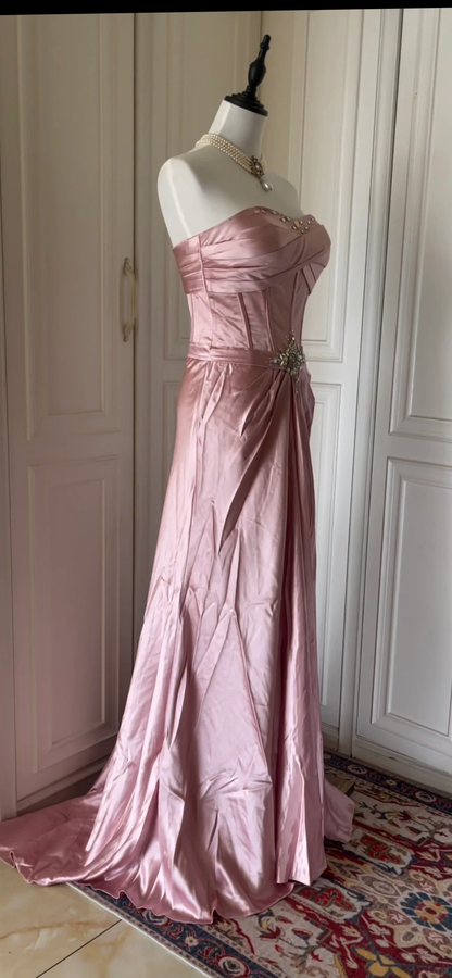 Fashion Strapless Satin Pleated Beaded Mermaid Party Gown,Pink Long Evening Dress D3109