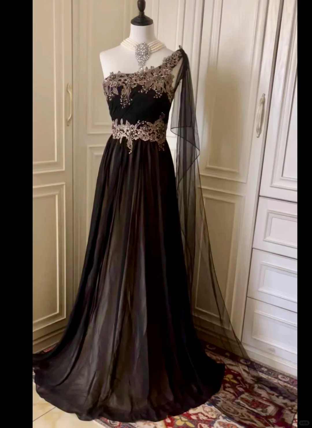 Vintage Black Tulle Appliques Beaded Mermaid Evening Dress,One Shoulder Long Wedding Guest Dress D3092
