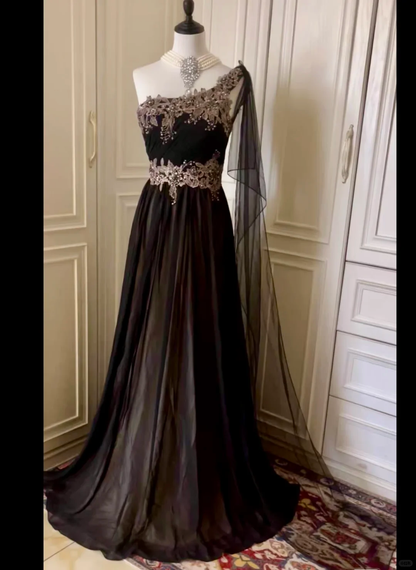 Vintage Black Tulle Appliques Beaded Mermaid Evening Dress,One Shoulder Long Wedding Guest Dress D3092