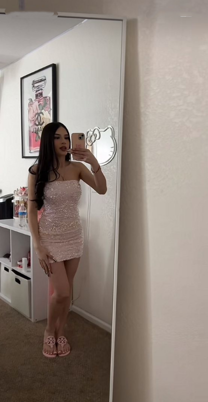 Shiny Pink Strapless Sequin Sheath Short Homecoming Dress Birthday Outfits With Bow D4604