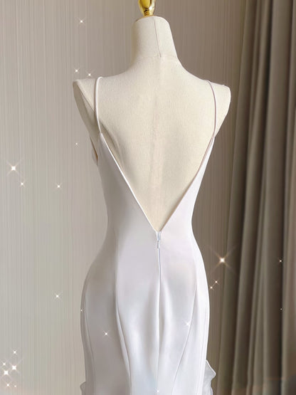 Sexy Mermaid Scoop Satin Night Party Dress White Long Prom Dresses SD1524