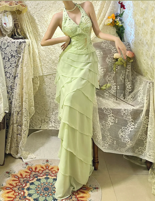 Gorgeous Halter V Neck Green Satin Beaded Chiffon Layered Mermaid Long Evening Dress Prom Gown D2141