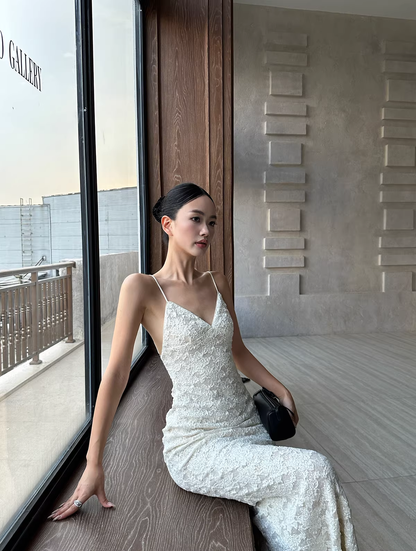 Pretty Spaghetti Straps V Neck Off White Lace Sequin Mermaid Long Evening Dress Formal Wedding Guest Dress D2125