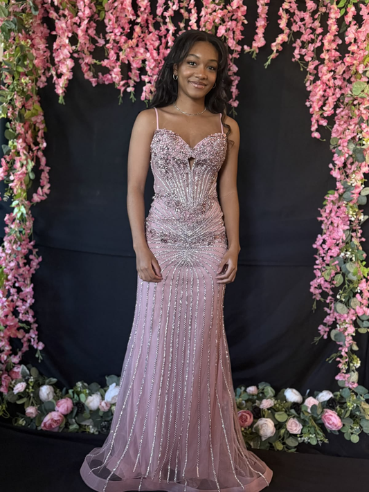 Gorgeous Spaghetti Strap Tulle Beaded Mermaid Evening Dress,Pink Long Birthday Prom Dress D2999