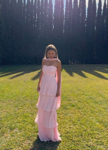 Charming Strapless Chiffon Pleated Layered Long Party Dress Pink Birthday Prom Dress With Scarf D5009