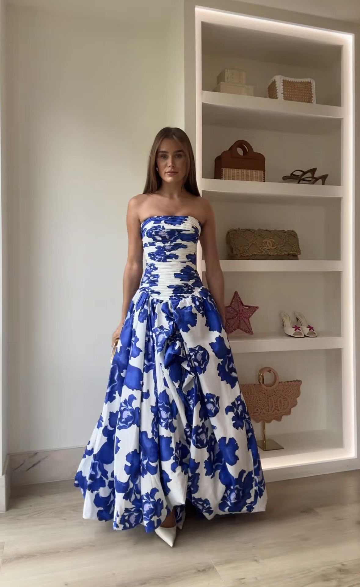 Charming Pink Strapless Satin Pleated Printed Floral Long Prom Dress Birthday Evening Dress D4783