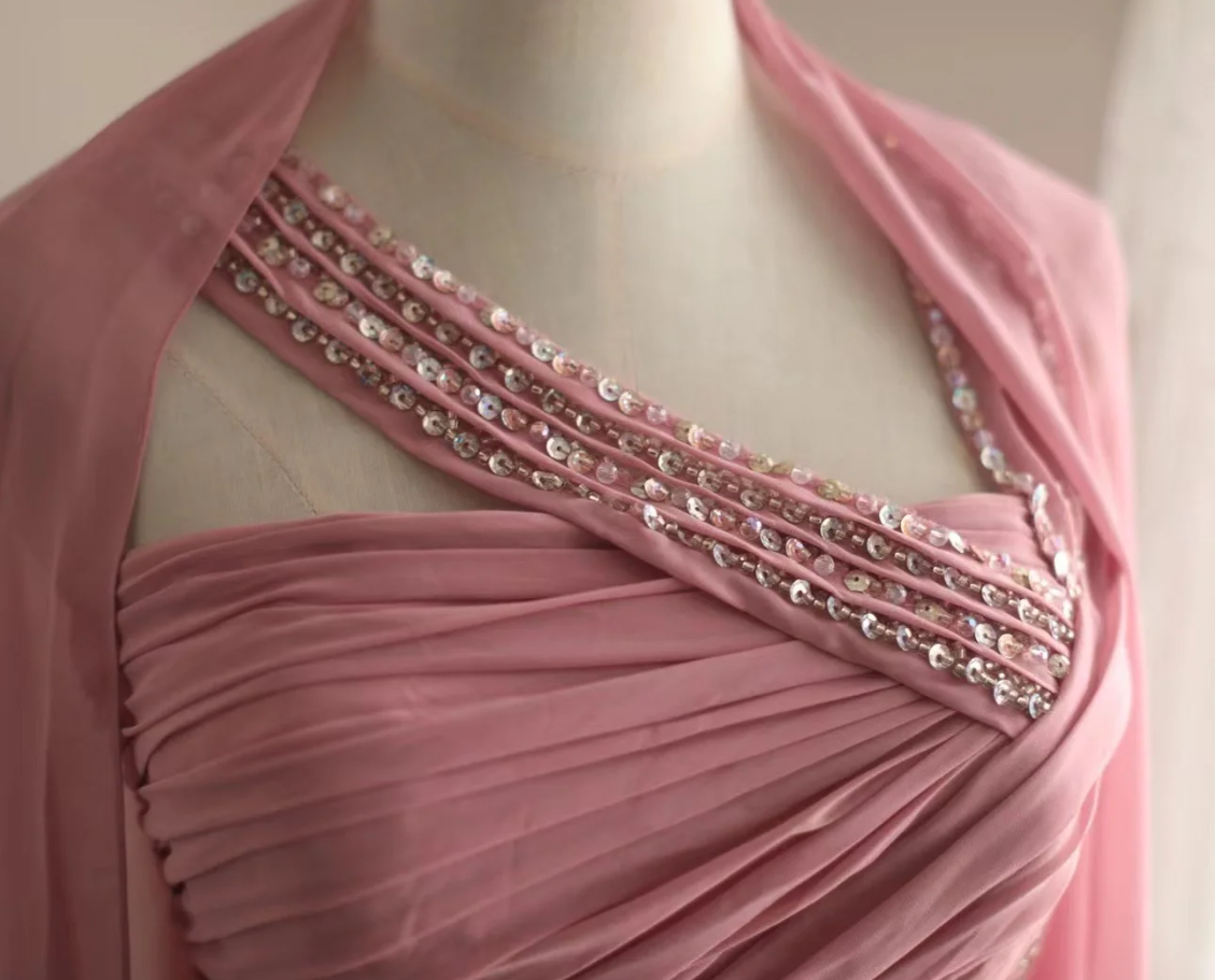 Pretty Pink Chiffon Beaded Mermaid Long Party Dress Evening Gown D2326