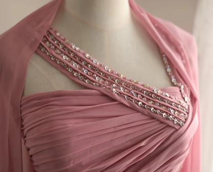 Pretty Pink Chiffon Beaded Mermaid Long Party Dress Evening Gown D2326