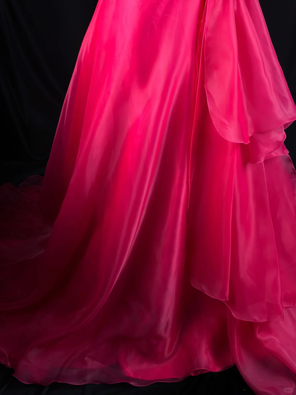 Sexy Strapless Ball Gown Hot Pink Organza Beaded Long Evening Dress Prom Gown D2515