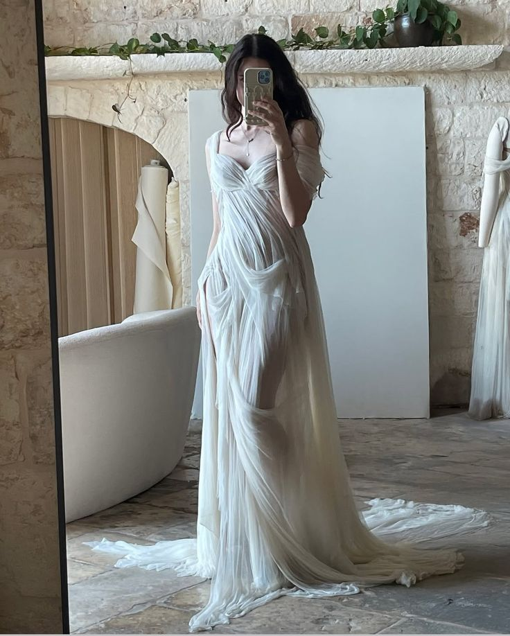 Classy White Chiffon Pleated Slit Mermaid Long Wedding Dress Bridal Dress D1181