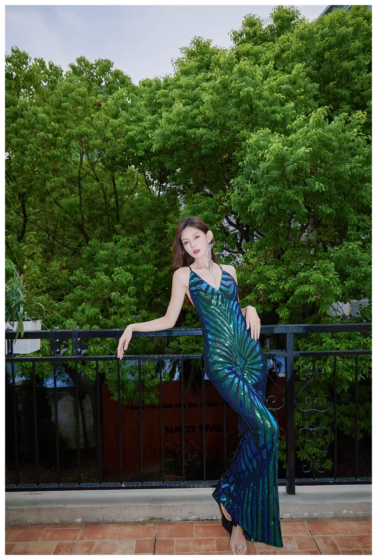 Vintage Green Spaghetti Straps Sequin Mermaid Long Evening Dress Birthday Dress D2447