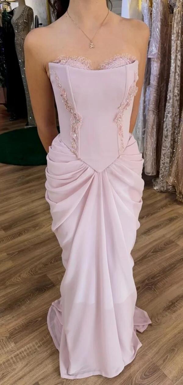 Charming Strapless Pink Satin Chiffon Mermaid Long Party Dress Evening Dress D4497