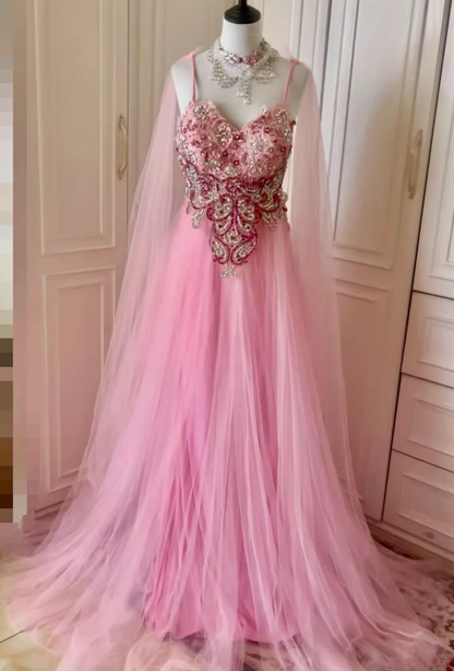 Pretty Pink Tulle Lace Appliques Beaded Evening Dress Spaghetti Straps Backless Long Prom Gown D3096