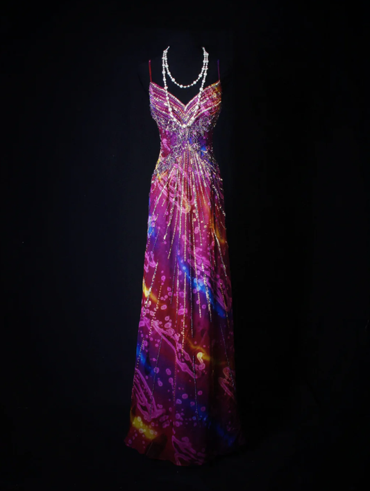 Unique V Neck Purple Spaghetti Straps Chiffon Beaded Mermaid Long Party Dress Evening Gown D2262