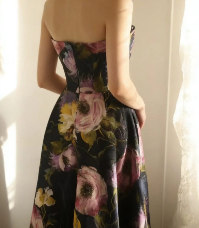 Pretty Strapless Satin Rose Print Floral Long Birthday Party Dress Evening Gown D2205