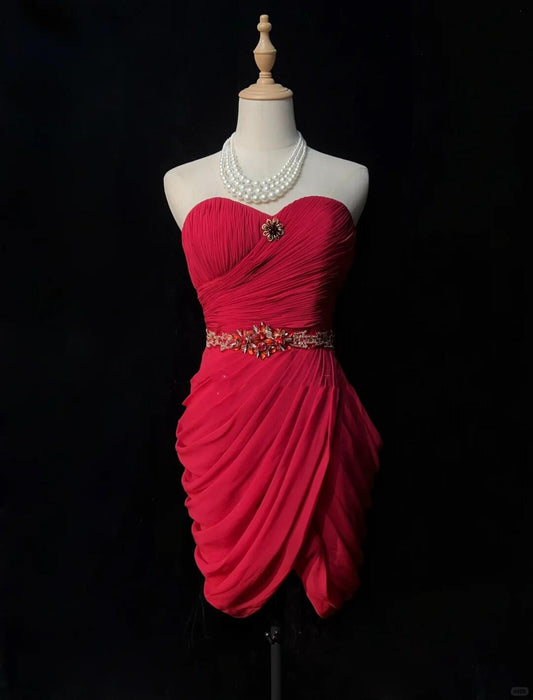 Sexy Red Strapless Chiffon Ruched Beaded Sheath Short 8th Grade Homecoming Dress Cocktail Dress D3376
