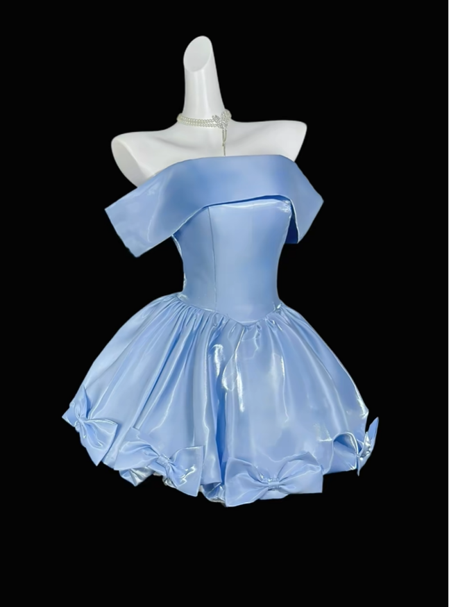 Fashion Off The Shoulder Blue Satin Bow A Line Short Homecoming Dress Birthday Dress D4155