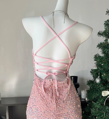 Sparkly Halter Sequin Sheath Cocktail Dress Pink Short Party Dress Homecoming Dress S672