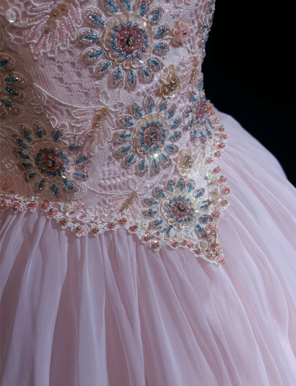 Charming Pink Tulle Lace Beaded Ball Gonn Long Birthady Evening Dress D2070