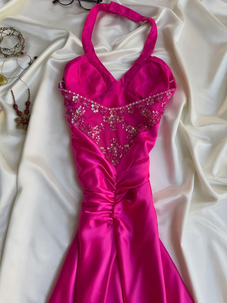 Charming Hot Pink Halter Satin Beaded Mermaid Long Wedding Guest Dress,Formal Birthday Party Dress D3850