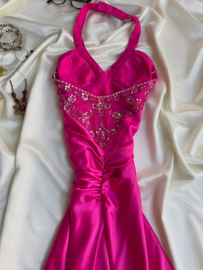 Charming Hot Pink Halter Satin Beaded Mermaid Long Wedding Guest Dress,Formal Birthday Party Dress D3850