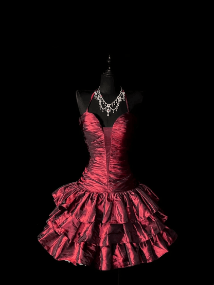 Vintage Burgundy Satin layered A Line Short Homecoming Dress,Halter Short Prom Dress D4241