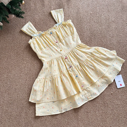 Cute A line Strapless Sleeveless Yellow Floral Holiday Dresses Beach Dress Birthday Outfits SD289