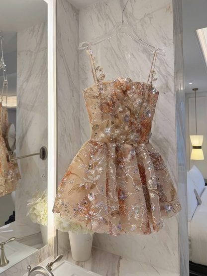 Charming Spaghetti Straps Tulle Sequin Floral Short Birthday Outfits Champagne Short Middle School Homecoming Dress D4555