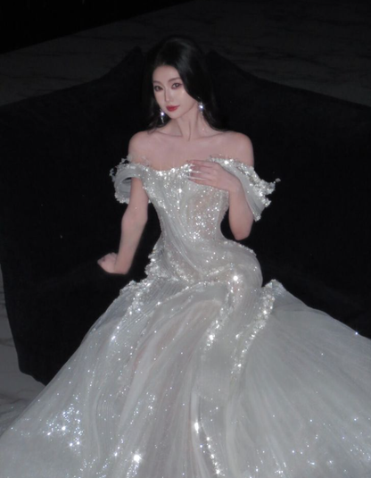 Shiny White Off The Shoulder Tulle Sequin Mermaid Long Wedding Dress D1199