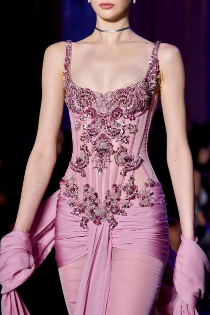 Pretty Spaghetti Straps Pink Chiffon Pleated Beaded Mermaid Long Prom Dress Birthday Party Dress D4805
