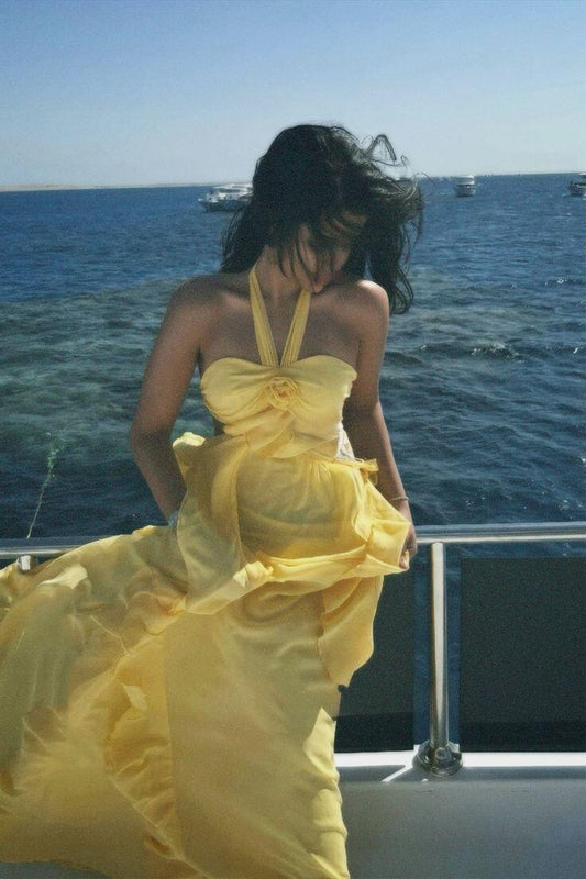 Classy Yellow Halter Chiffon Long Evening Dress Birthday Prom Gown D3450