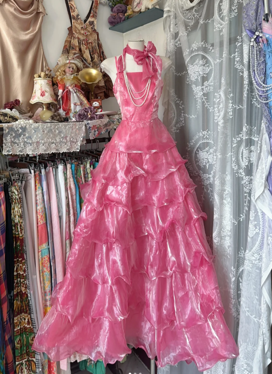 Pretty Halter Organza Pleated Pink Layered Long Party Dress Birthday Outfits D1287