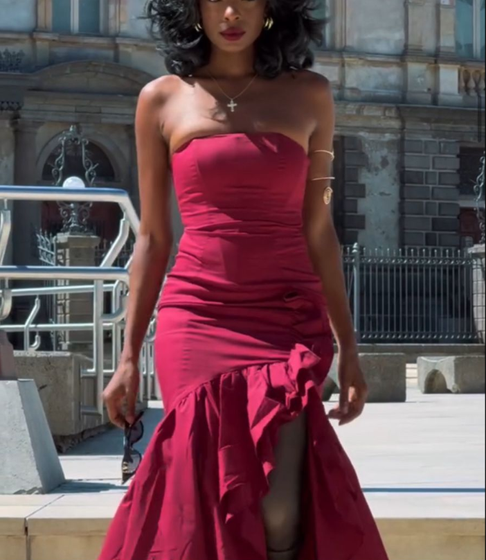 Pretty Strapless Satin Ruffles Mermaid Evening Dress Red Long Birthday Party Dress D4781
