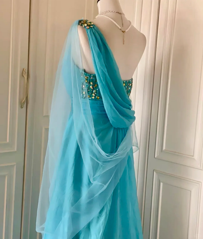 Stylish One Shoulder Blue Satin Tulle Beaded Mermaid Long Prom Dress Evening Dress D3093