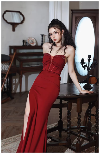Sexy Burgundy Strapless Satin Pleated Slit Long Evening Dress Formal Wedding Guest Dress D2441