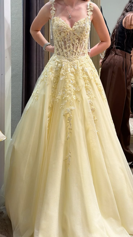 Sweet Spaghetti Straps Tulle Appliques Long Party Dress Yellow Prom Dress D3425