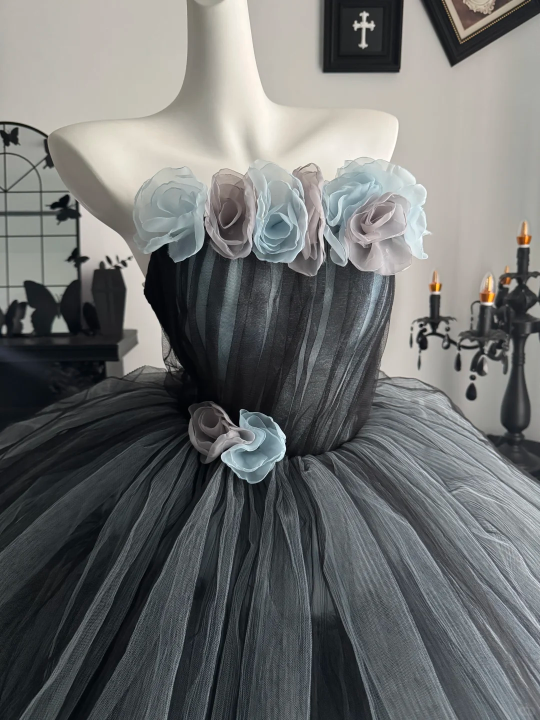 Charming Strapless Gray 3D Floral Layered Tulle Birthday Quinceanera Dress Sweet 16 Dress D3712