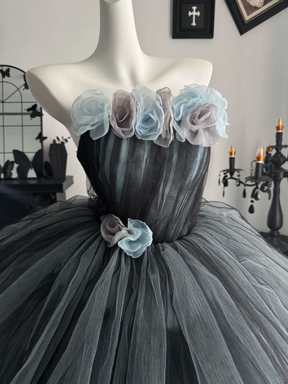 Charming Strapless Gray 3D Floral Layered Tulle Birthday Quinceanera Dress Sweet 16 Dress D3712