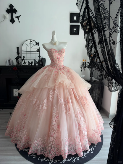 Elegant Sweetheart Neck Ball Gown Pink Tulle Lace Appliques Beaded Quinceanera Dress Sweet 15 Dress D4705