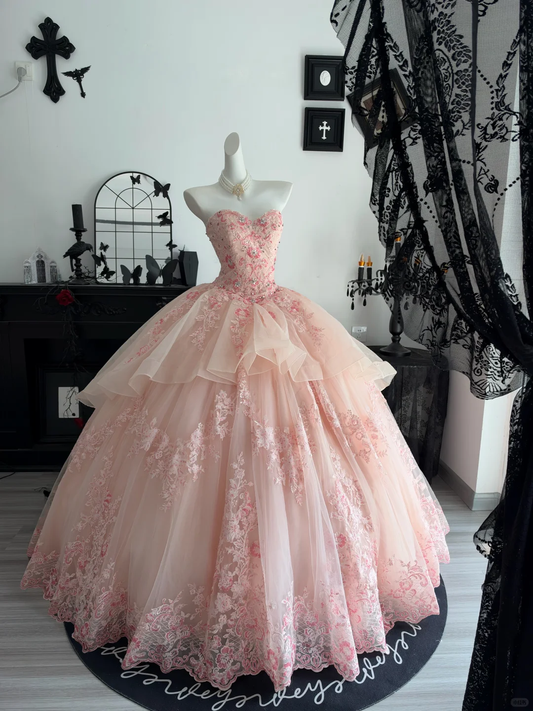 Elegant Sweetheart Neck Ball Gown Pink Tulle Lace Appliques Beaded Quinceanera Dress Sweet 15 Dress D4705