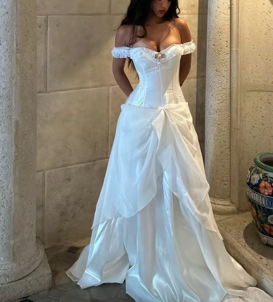 Pretty Off The Shoulder White Satin Chiffon Pleated Long Wedding Dress D966