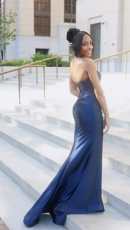 Shiny Strapless Navy Blue Satin Appliques Slit Mermaid Long Evening Dress Party Gowns D5195