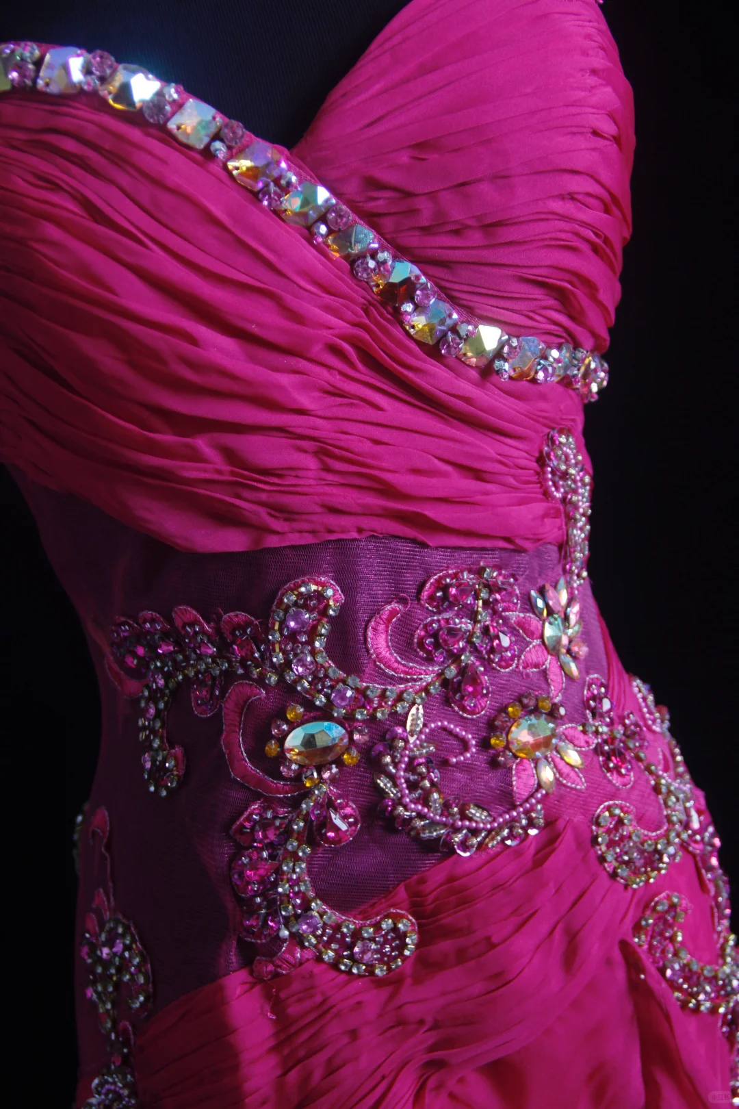 Classy Spaghetti Straps Satin Chiffon Beaded Long Party Dress Hot Pink Mermaid Prom Gown D2857