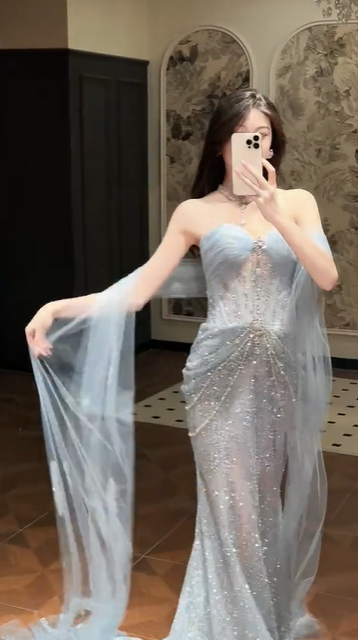 Glitter Sky Blue Strapless Tulle Sequin Beaded Mermaid Evening Dress Long Birthday Prom Dress Party Dress D1880