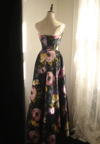 Pretty Strapless Satin Rose Print Floral Long Birthday Party Dress Evening Gown D2205