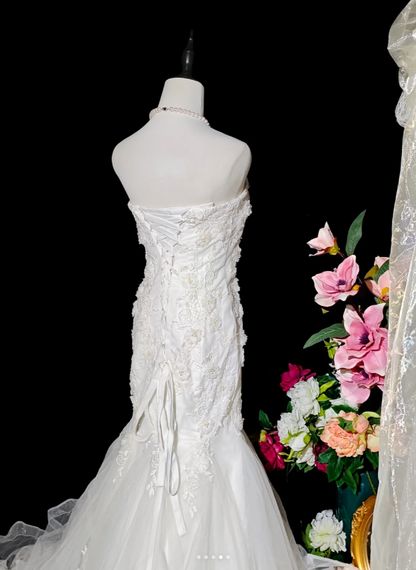 Fairy Strapless White Tulle Appliques Mermaid Long Party Dress Birthday Evening Dress D2374