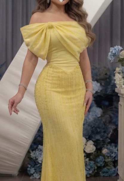 Pretty Yellow Satin Sequin Beaded Mermaid Long Party Dress,Off The Shoulder Long Evening Gown D4938