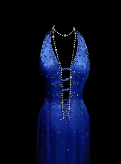 Sexy Halter Royal Blue Satin Beaded Long Evening Dresses Long Mermaid Party Dress D4512